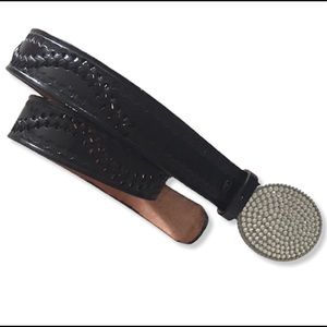 Rhinestone Buckled Black Leather Belt